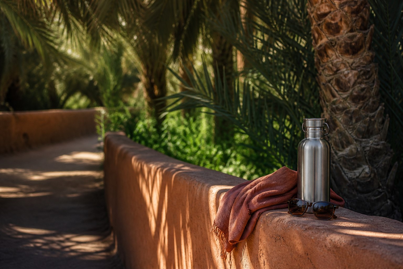 Water, a light scarf and sunglasses ready for changing conditions in Skoura