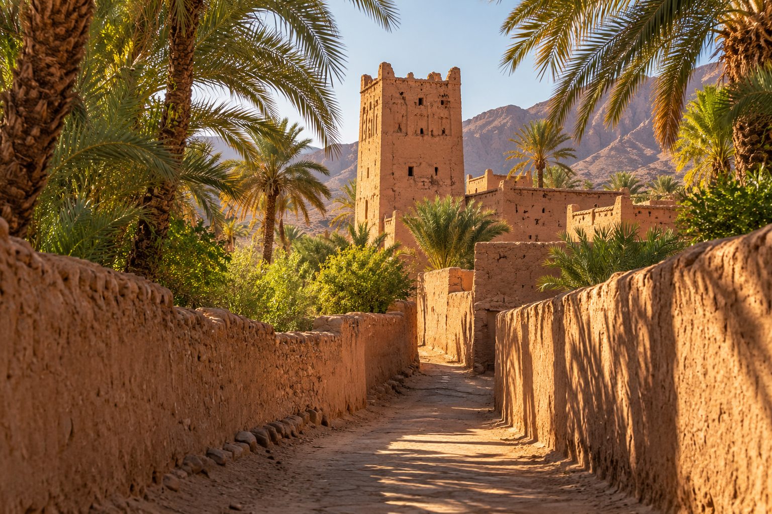 Palm-shaded oasis lane leading to an earthen tower in southern Morocco