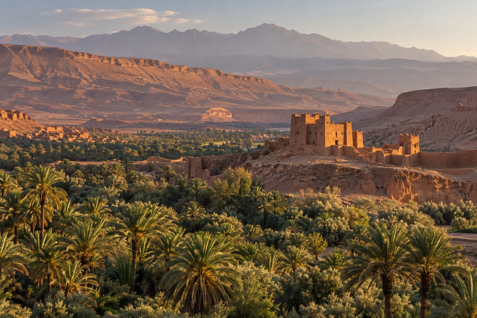 نخيل وعمارة ترابية محصنة في وادٍ قبل صحراوي بالمغرب