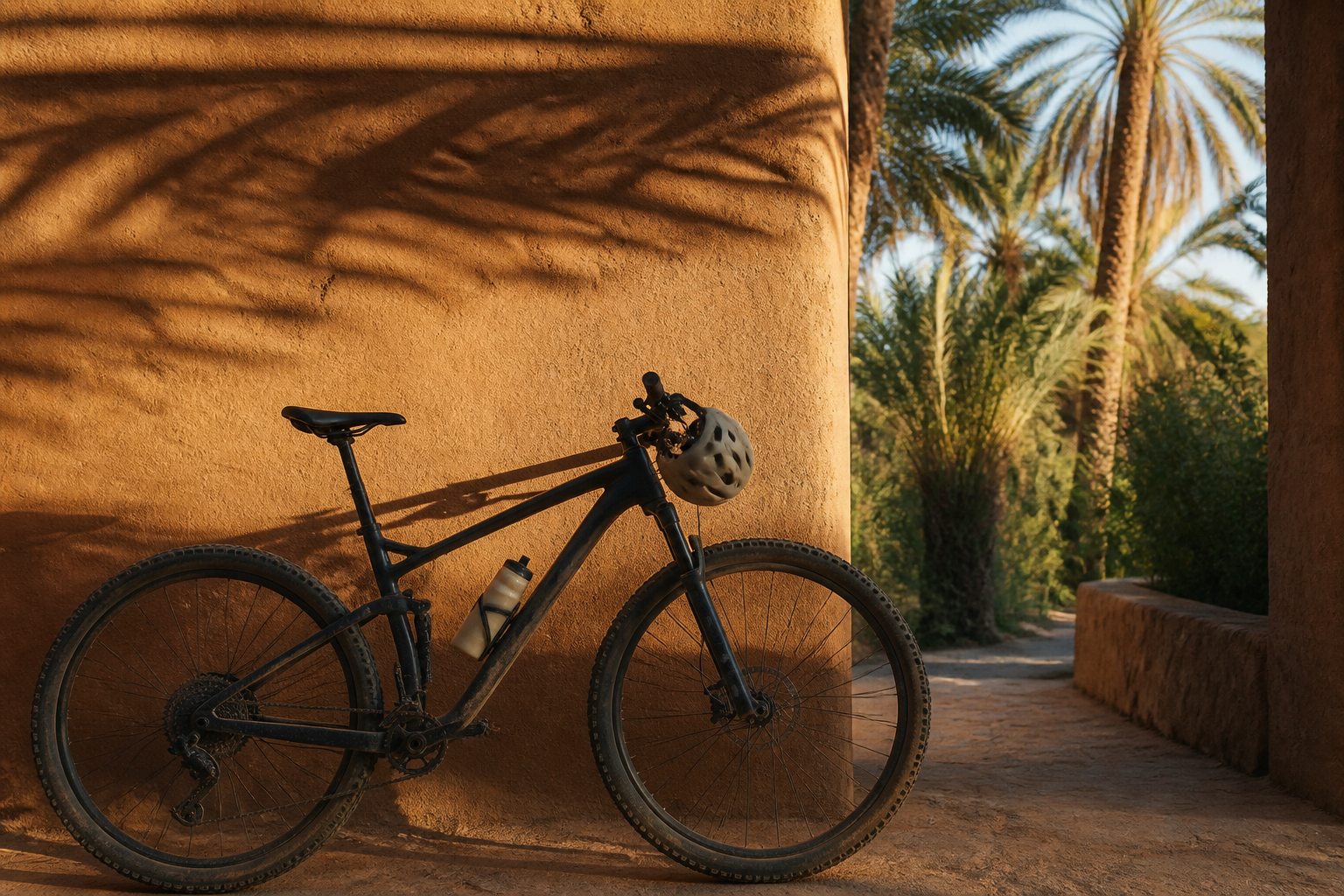 Mountain bike and helmet beside an ochre wall at the entrance to a Skoura palm-grove path