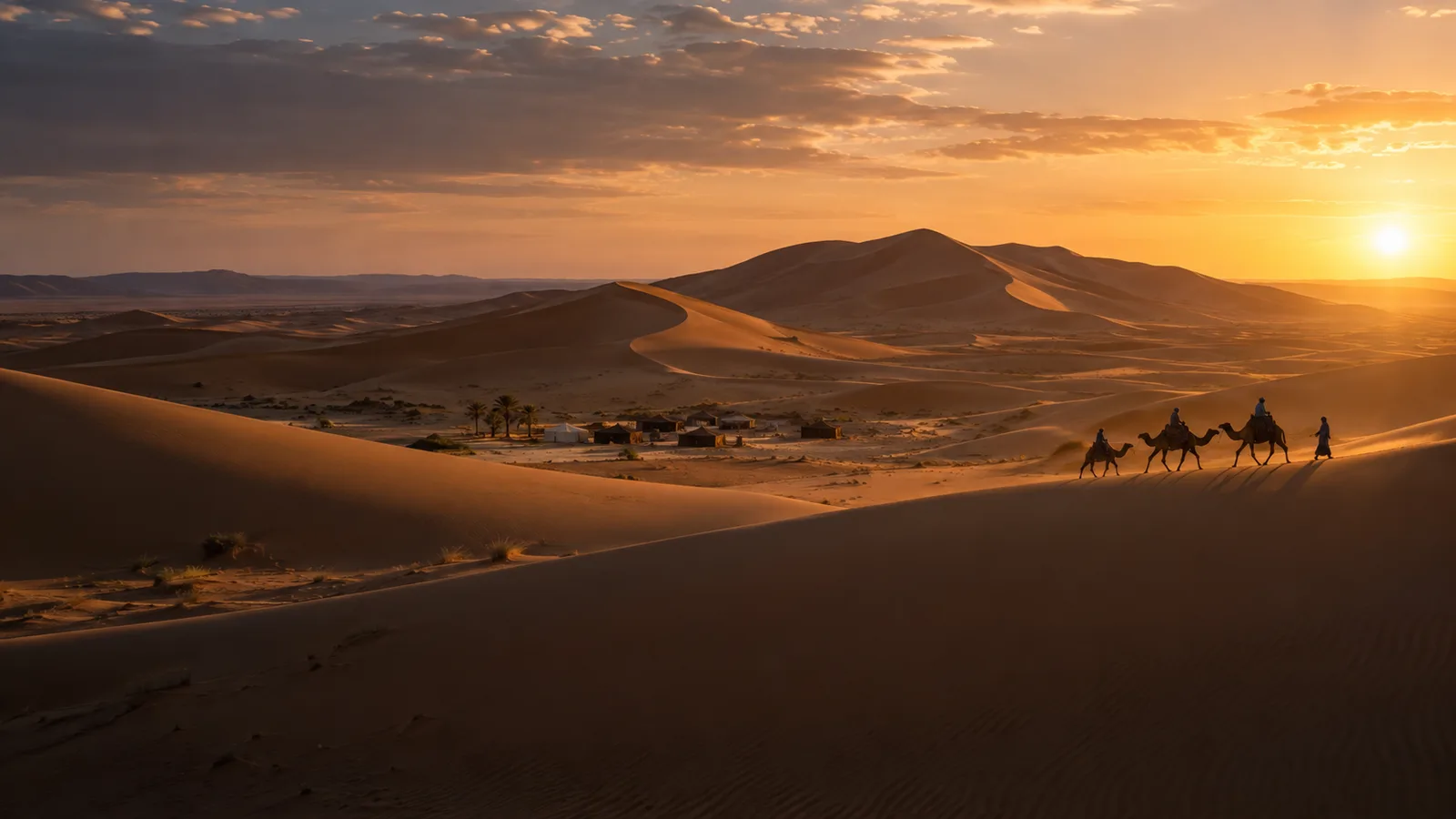 Camel caravan crossing the golden Erg Chebbi dunes near Merzouga at sunset